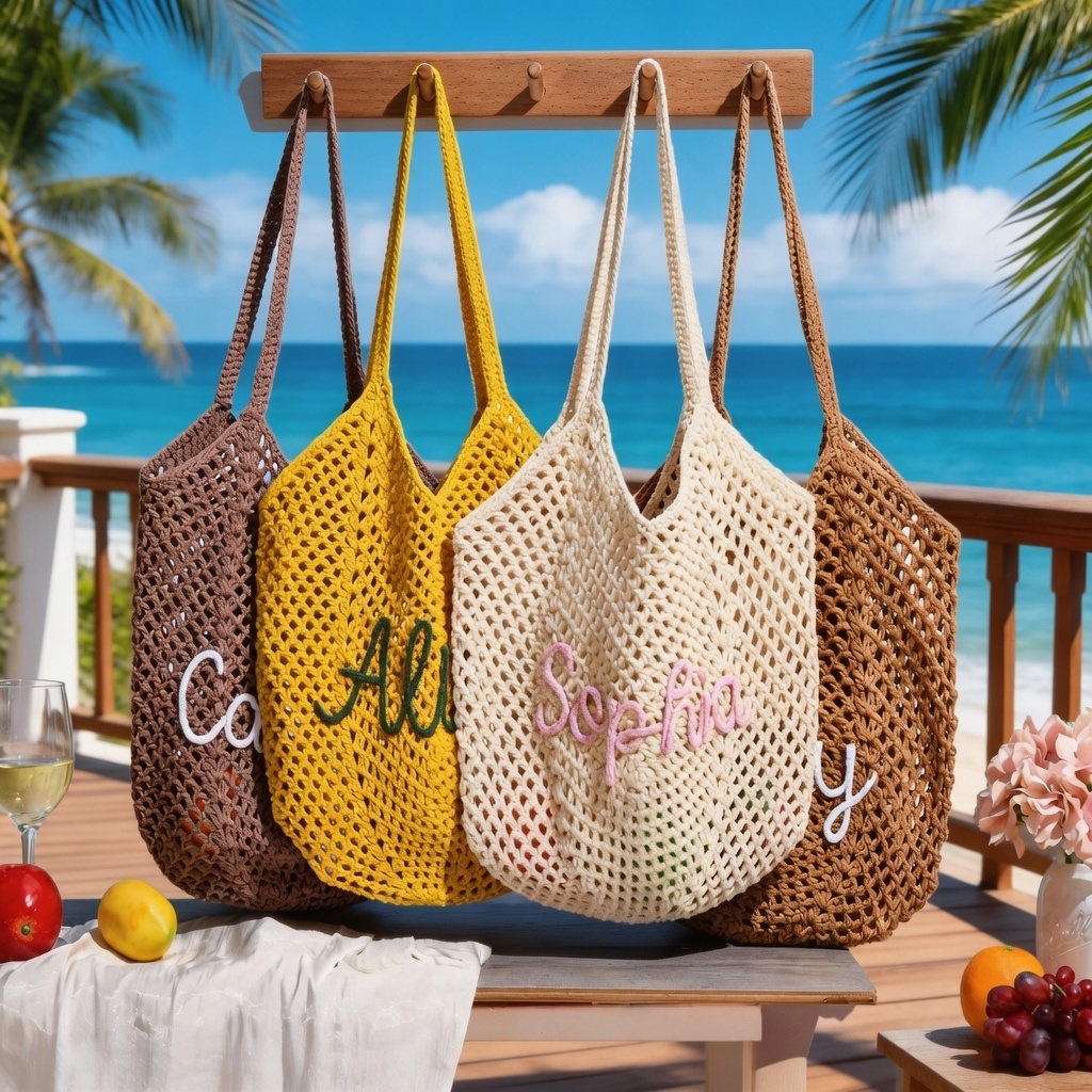 Personalized Crochet Beach Bag with Custom Name Monogrammed Straw Style Mesh Bag for Summer Vacation Hand Knit Name Tote Bag - namenecklace
