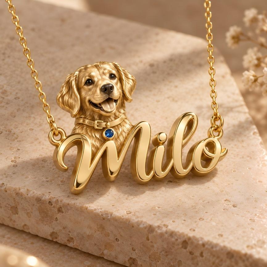 Personalized Pet Name Necklace Custom 3D Pet Photo Necklace in Sculptural 925 Sterling Silver with Blue Gemstone Accent Sentimental Jewelry Gift for Pet Lovers - namenecklace