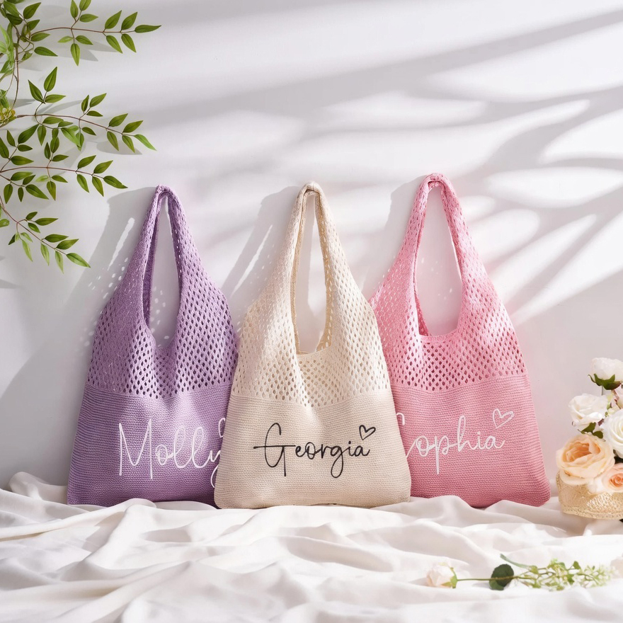 Personalized Name Crochet Tote Bag Custom Script Name Crochet Shoulder Bag Hand Knit Summer Beach Bag Gifts for Her - namenecklace