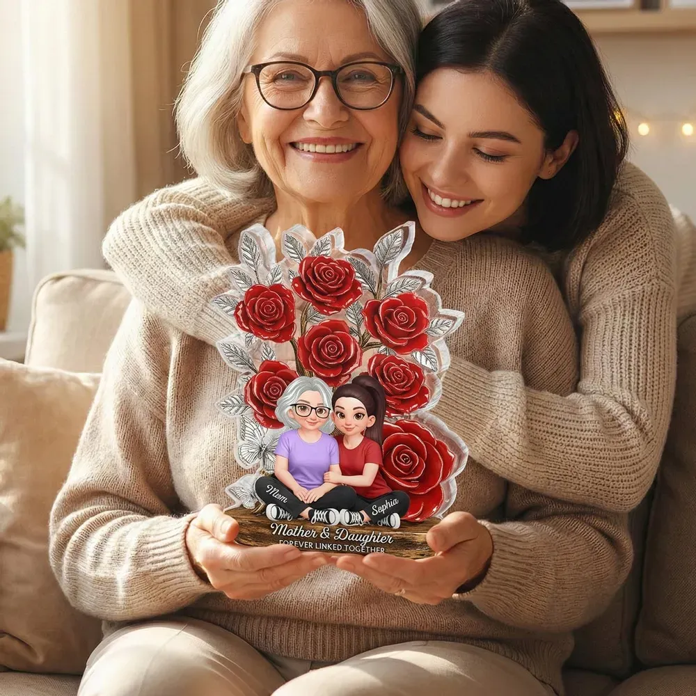 Mother's Day Gift Personalized Mother and Daughter Forever Linked Together Acrylic Plaque Custom Cartoon Mother and Daughter Rose Desktop Ornament Heartwarming