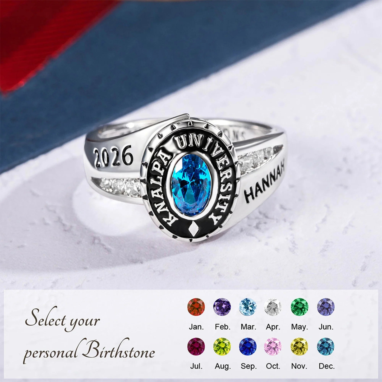 Personalized Graduation Ring Custom Birthstone School Name Year Class Gift for Graduate