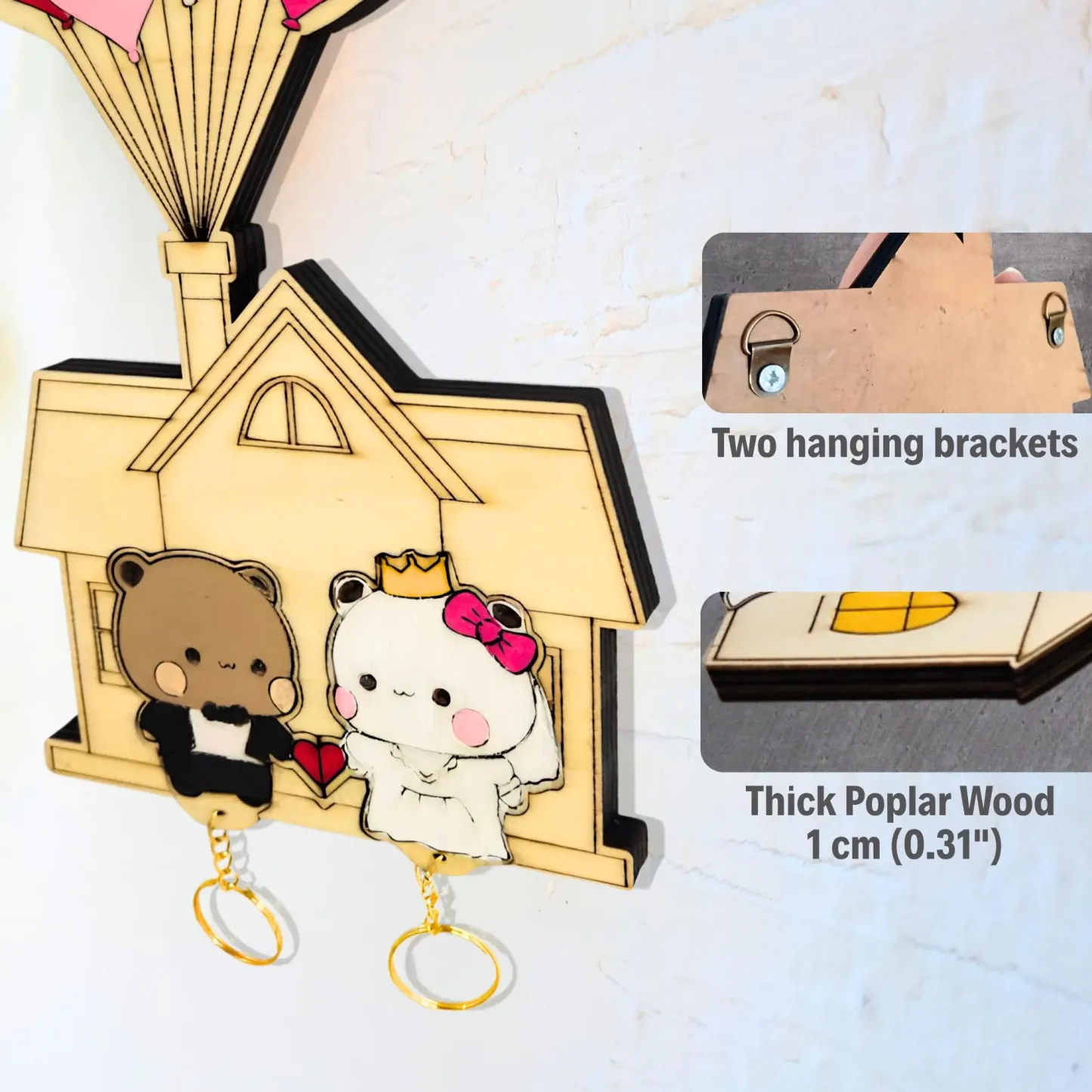 Personalized Wedding Bear Couple Keychain Holder Custom Name Wood Key Hanger for Couplest High-Quality Personalized Key Holder Set