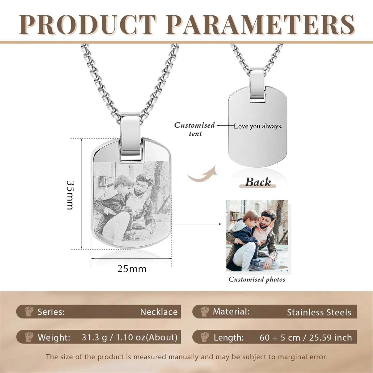 Custom Photo Tag Necklace Personalized Picture Pendant Memorial Jewelry Gift for Men Dad Boyfriend