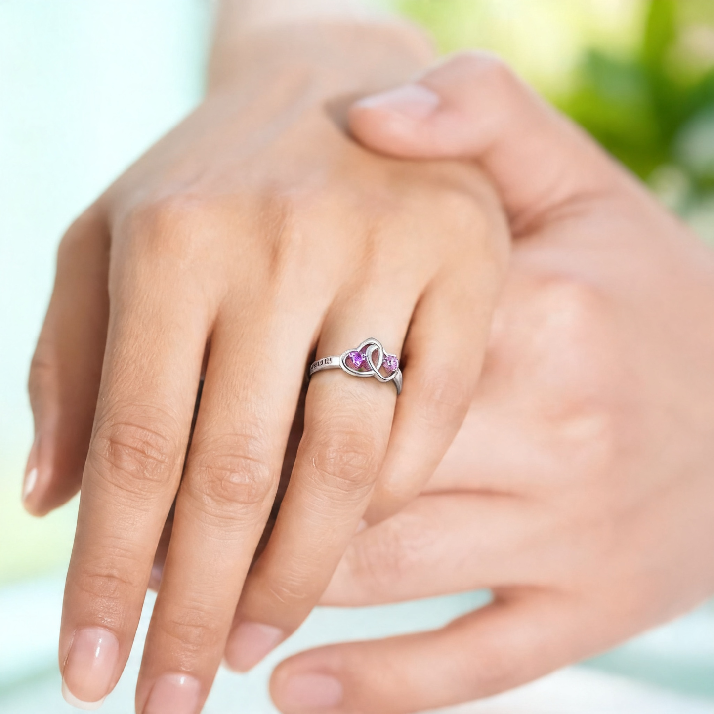 Personalized Interlocking Two Heart Birthstone Ring Custom Name Engagement Jewelry Gift for Girlfriend