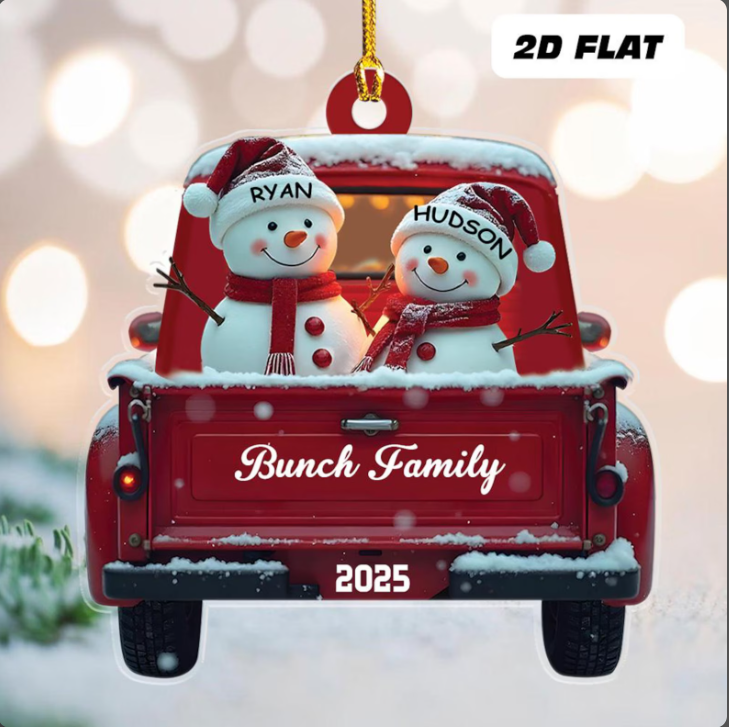 Personalized Snowman Family Christmas Ornament, Red Truck Christmas Ornament Snowman Ornament & Custom Name Ornament