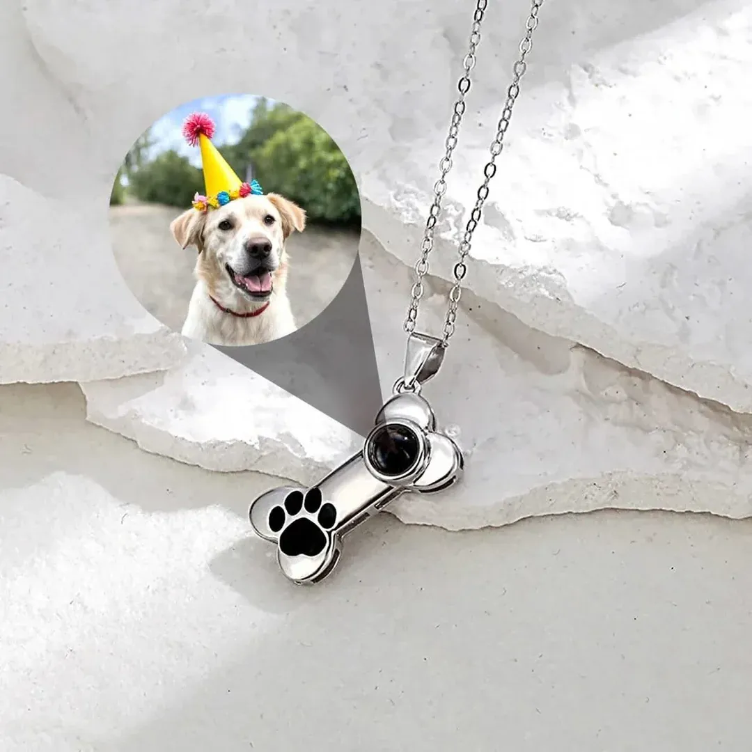 Personalized Dog Bone Projection Necklace with Custom Photo Inside  Unique Pet Memory Keepsake Gift