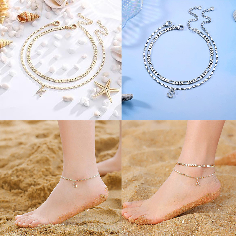Personalized CZ Initial Double Chain Anklet – Sparkling Letter Charm Layered Ankle Bracelet for Her