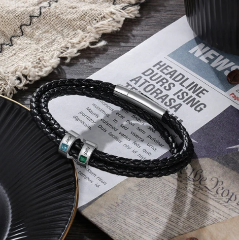 Personalized Custom 1-4 Name Beaded Bracelet with Birthstone, Kids Name Bracelet, Mens Leather Bracelet,Valentine’s Day Gifts for Him