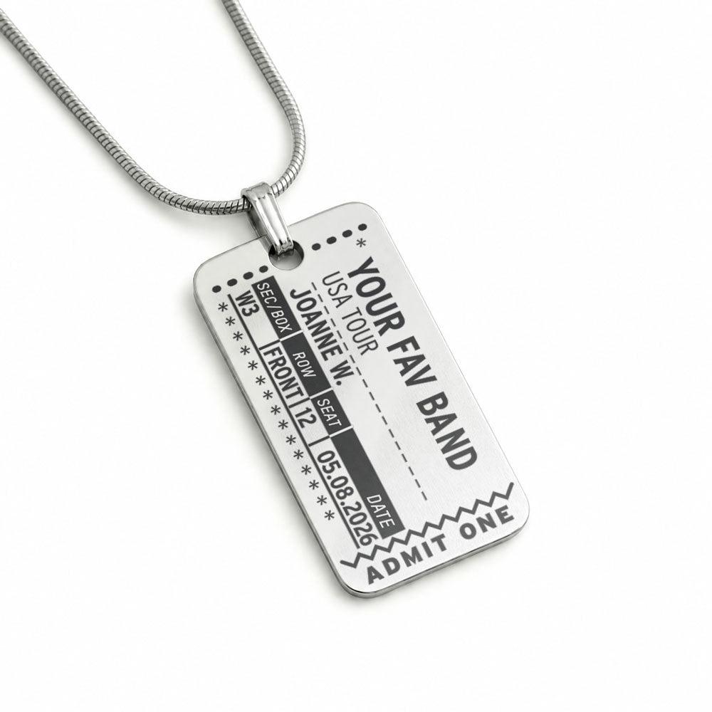Personalized Concert Ticket Stub Necklace Custom Engraved Stainless Steel Pendant Music Fan Gift
