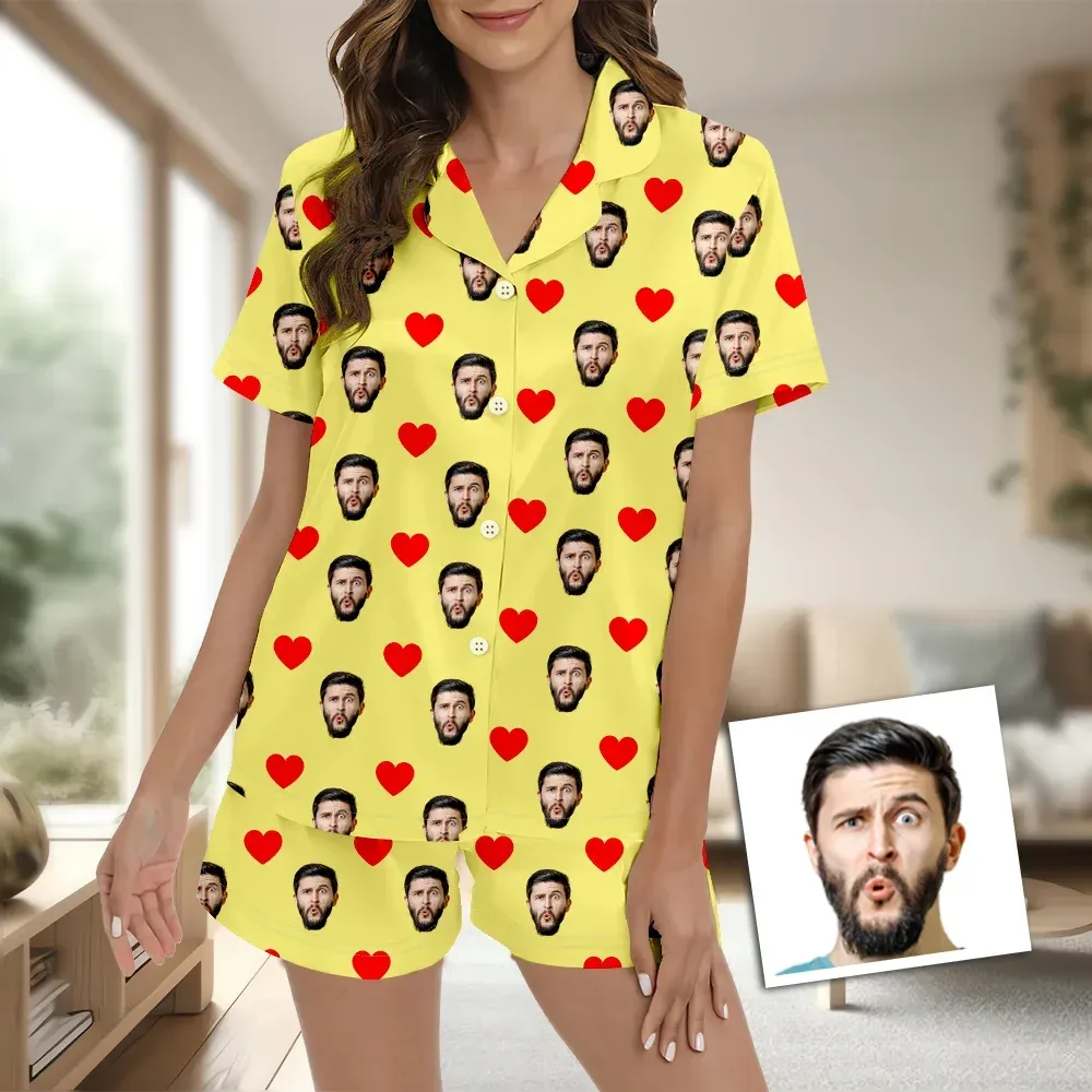 Custom Face Short Sleeve Pajamas Custom Red Heart Photo Pajamas