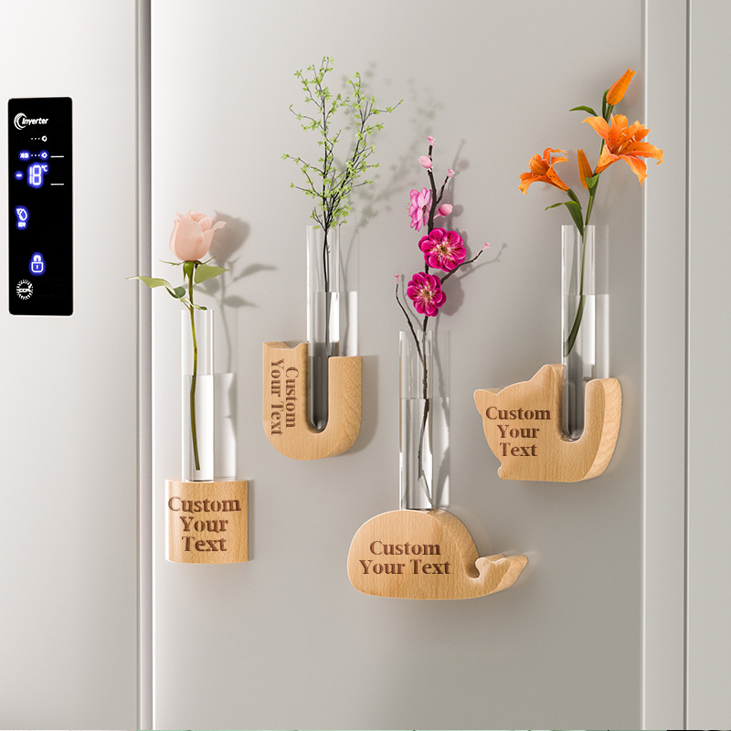 Customized Animal Wooden Hydroponic Vase Refrigerator Personalized Refrigerator Decals Flower Plug Magnetic Wooden Refrigerator Magnet