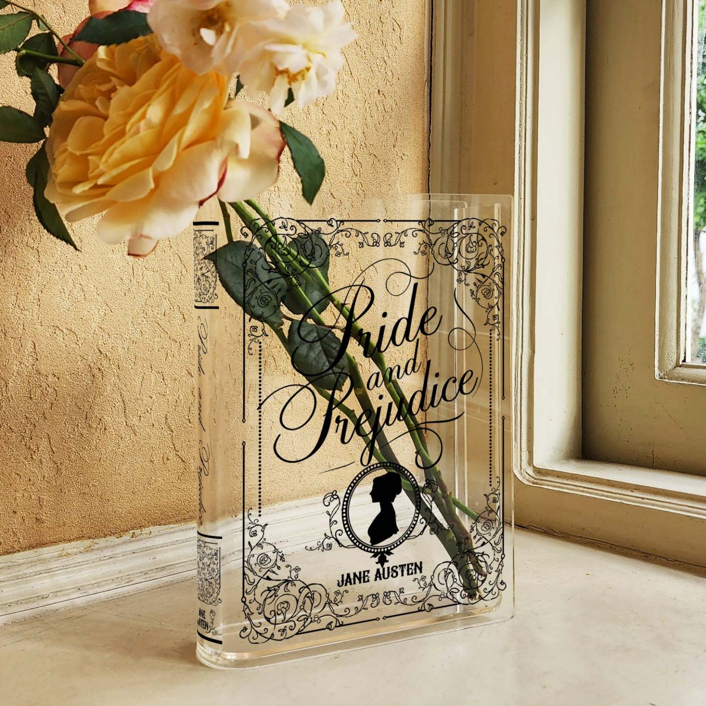 Pride and Prejudice Acrylic Book Vase Classic Novel Bookworm Decor Vase "Pride and Prejudice" Acrylic Display Vase