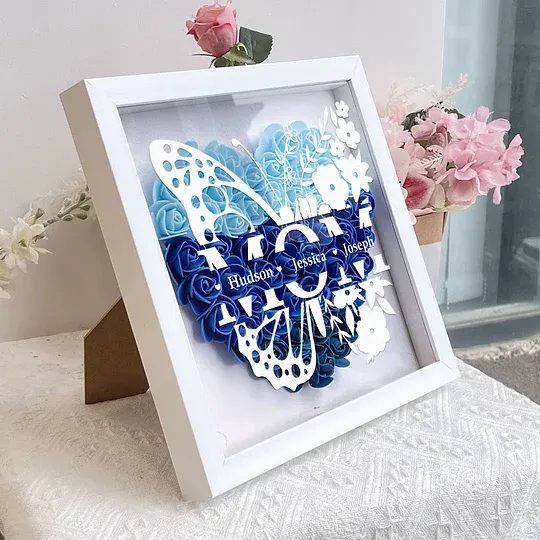 Personalized Butterfly Version Flower Shadow Box - Gift For Mom Custom Children Names