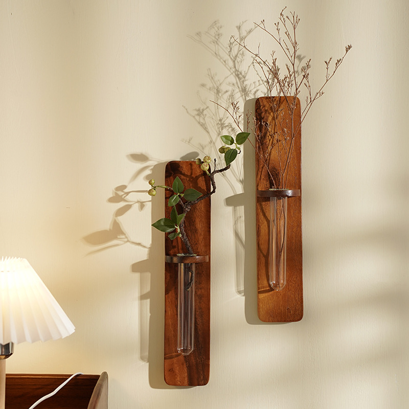 Wooden Wall Decor Vase – Nail-Free Hydroponic Tube Flower Holder for Hydroponic Plants & Flowers