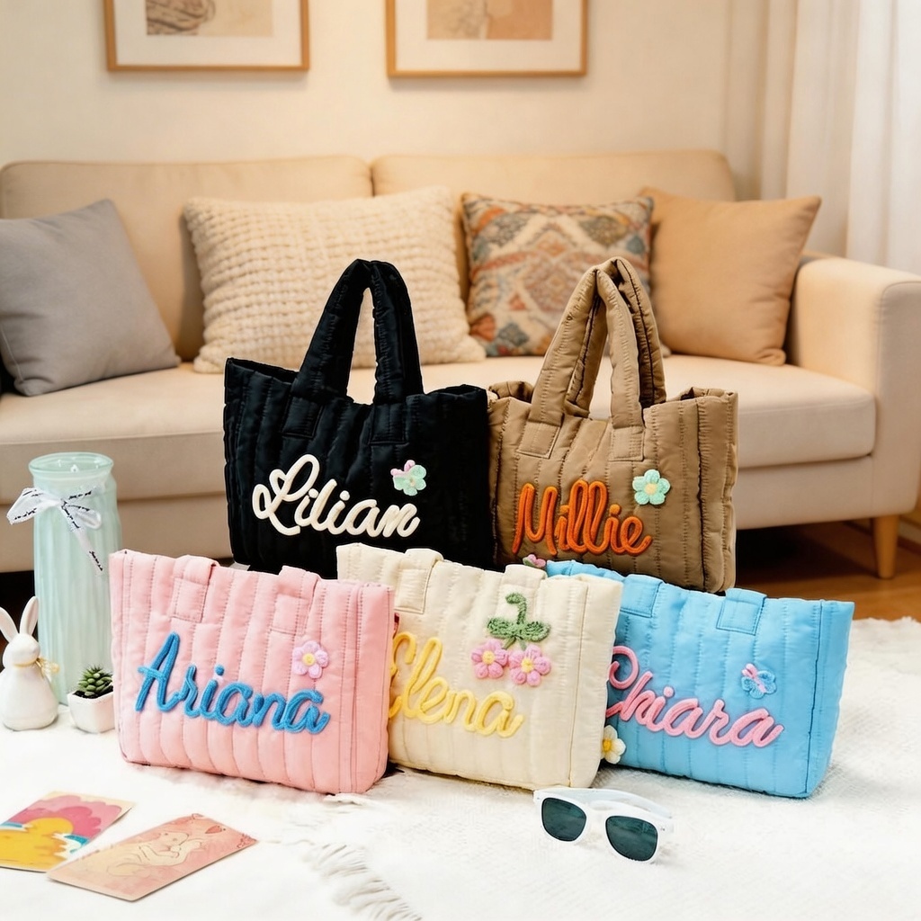 Personalized Name Quilted Nylon Tote Bag Custom Embroidered School Bag with Floral Details Colorful Puffer Tote with Custom 3D Name Embroidery - namenecklace