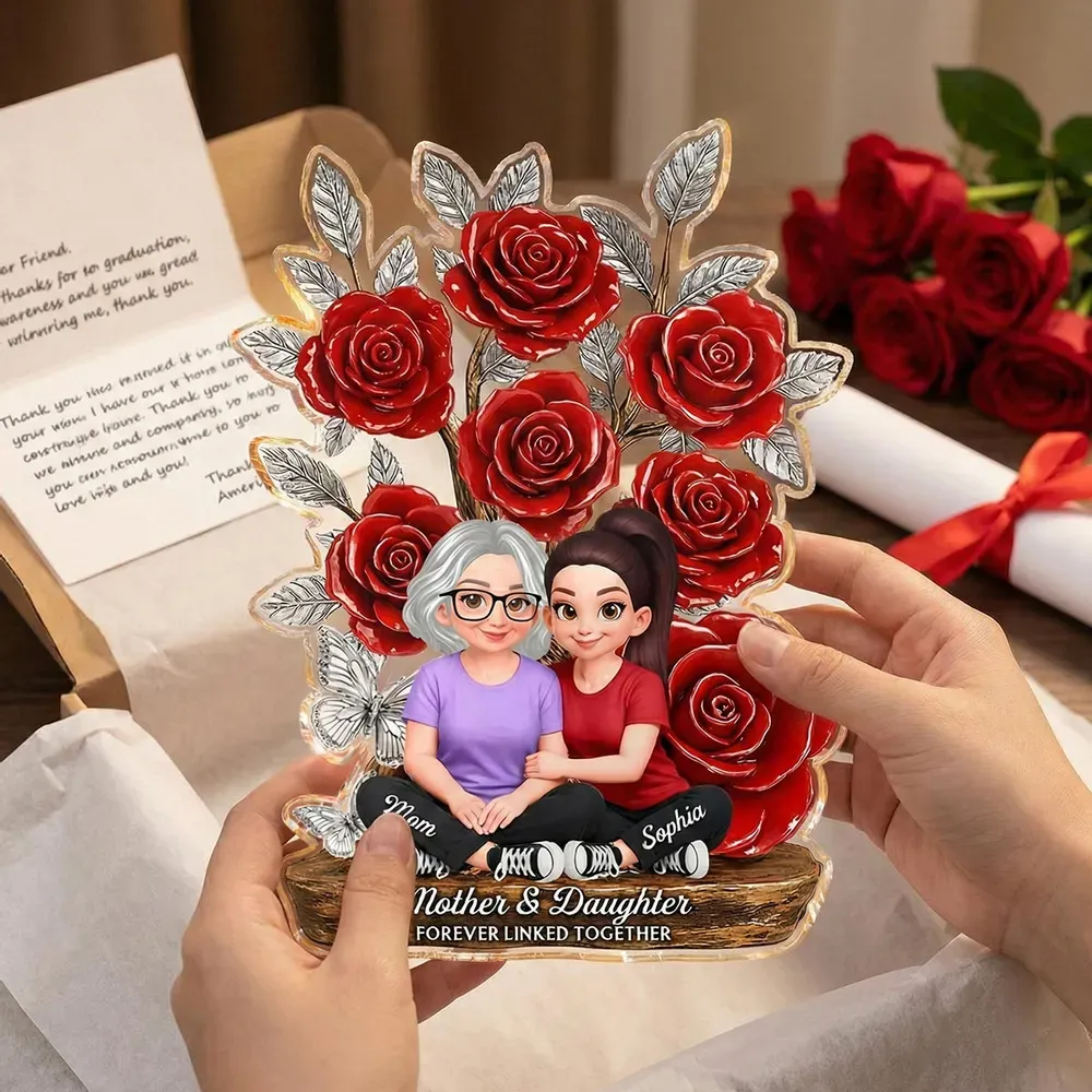 Mother's Day Gift Personalized Mother and Daughter Forever Linked Together Acrylic Plaque Custom Cartoon Mother and Daughter Rose Desktop Ornament Heartwarming