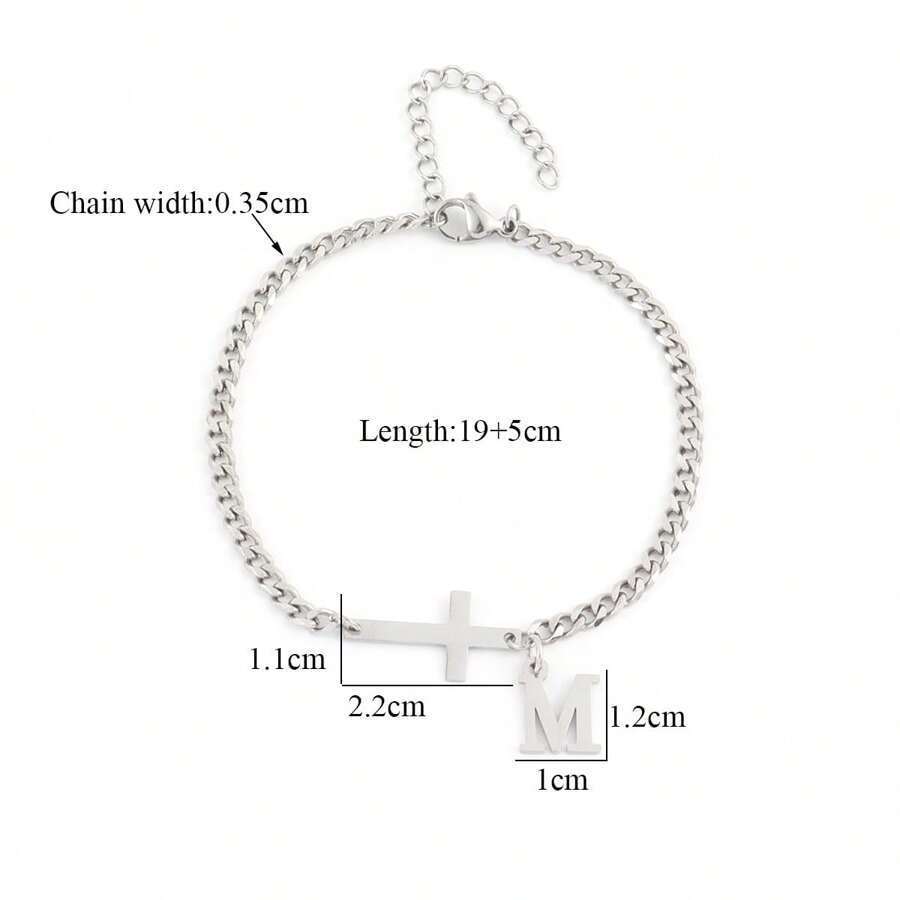 Personalized Sideways Cross Bracelet with Initial Charm Custom Letter Bracelet Stainless Steel Cross Link Chain Valentine's Day Gifts