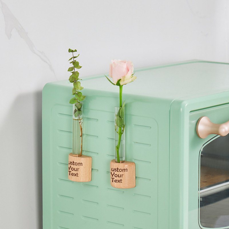 Customized Wood-Colored Refrigerator Magnets Personalized Magnetic Test Tube Vase Flower Holder Creative Decorative Wall-Mounted Hydroponic Vase