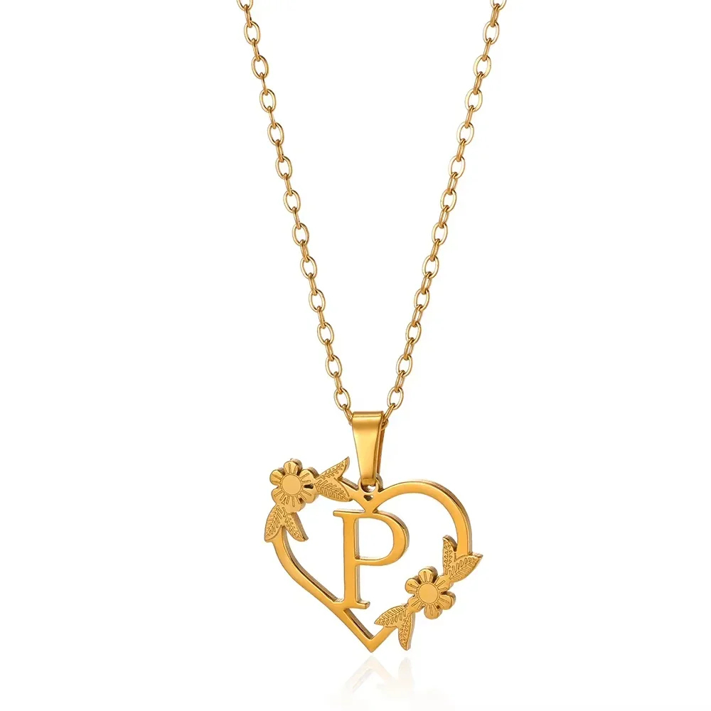 Initial Heart Necklace with Flower Charm Heart Letter Pendant Personalized Floral Initial Necklace Bloom Heart Letter Necklace