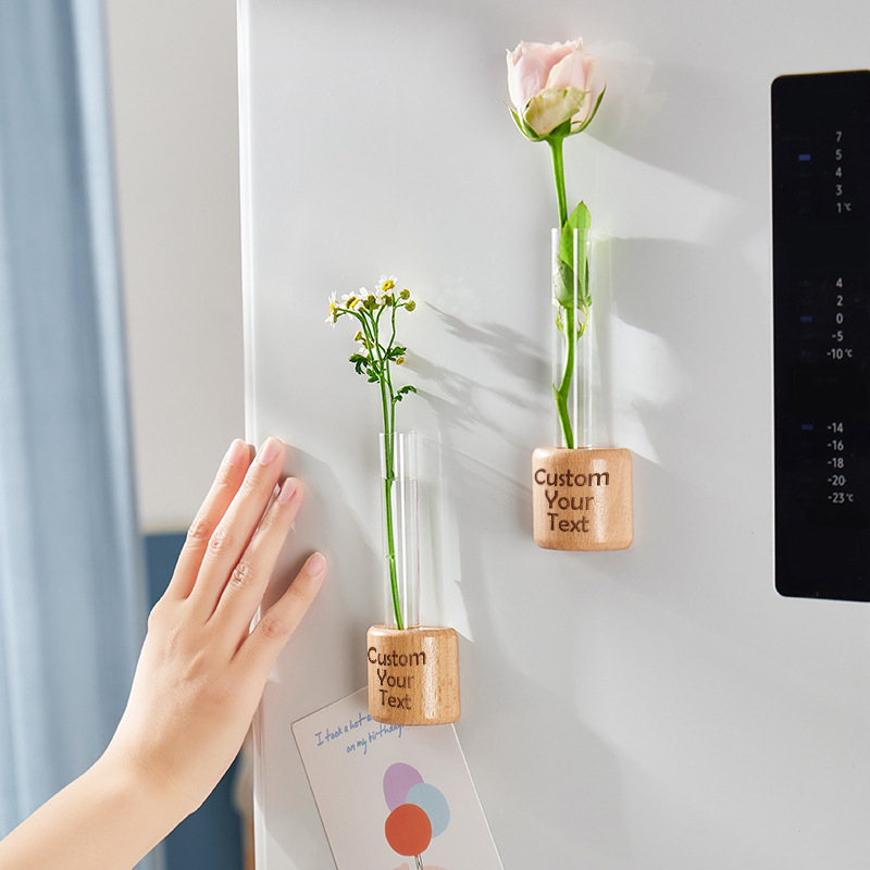 Customized Wood-Colored Refrigerator Magnets Personalized Magnetic Test Tube Vase Flower Holder Creative Decorative Wall-Mounted Hydroponic Vase