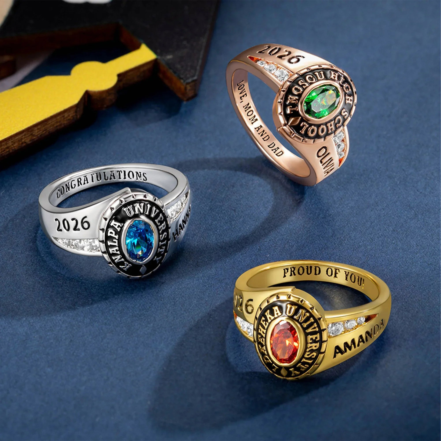 Personalized Graduation Ring Custom Birthstone School Name Year Class Gift for Graduate