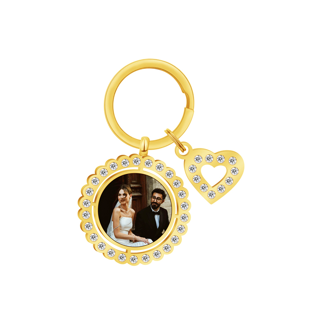 Custom Photo Keychain Personalized Couples Photo Keyring with Bling Heart Engraved Picture Keychain Anniversary Gift Valentine's Day Gift
