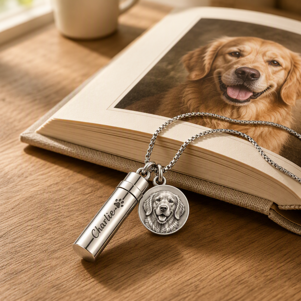 Personalized 925 Sterling Silver Custom 3D Relief Pet Portrait Photo Necklace Urn Cylinder Pendant Pet Loss Memorial Keepsake Jewelry Gift For Pet Lovers