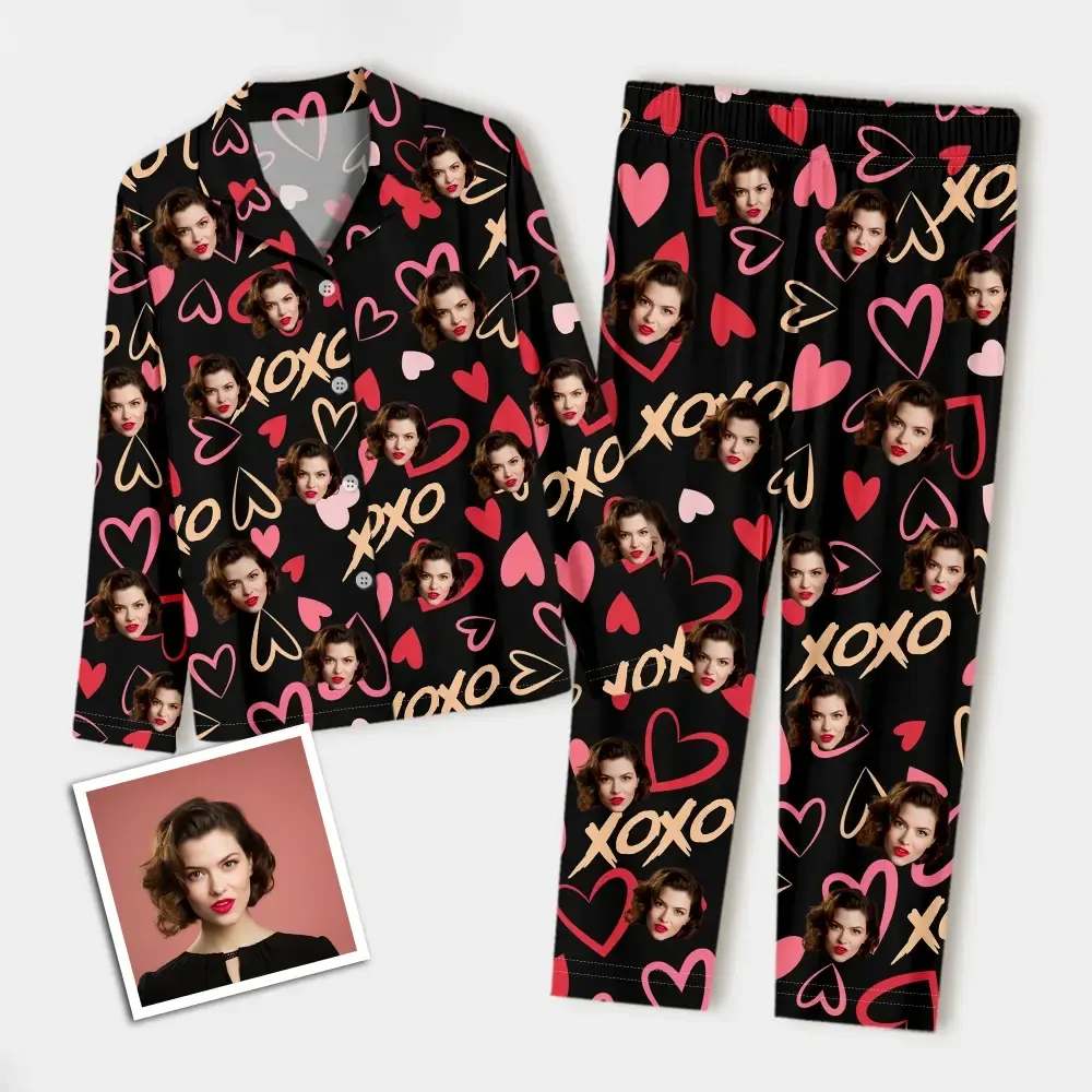 Custom Face Long Sleeve Pajamas Custom Heart Photo Pajamas