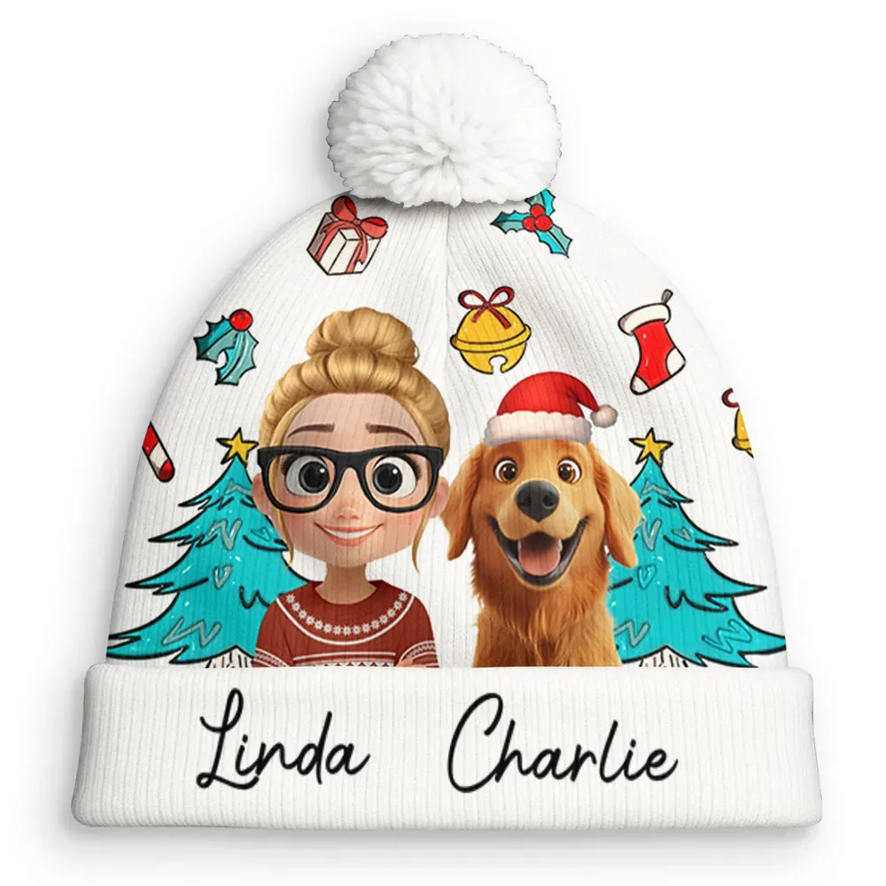 Personalized Cartoon Pet and Owner Photo Christmas Hat Custom Bobble Beanie Hat with Photo and Name Animated Portrait Beanie Hat
