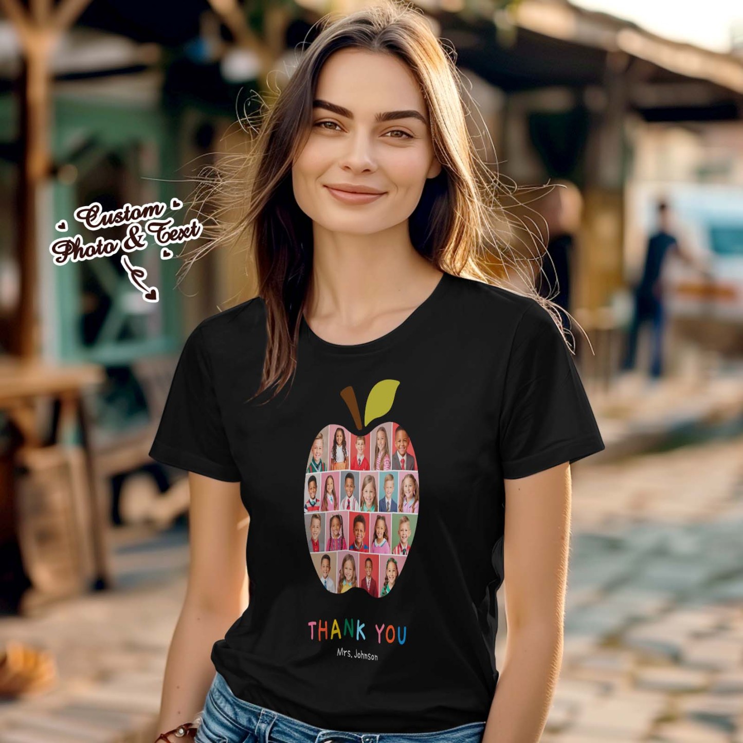 Custom Photo Apple T-Shirt Personalized Teacher Appreciation Gift Customized Teacher Appreciation T-Shirt with Student Photos