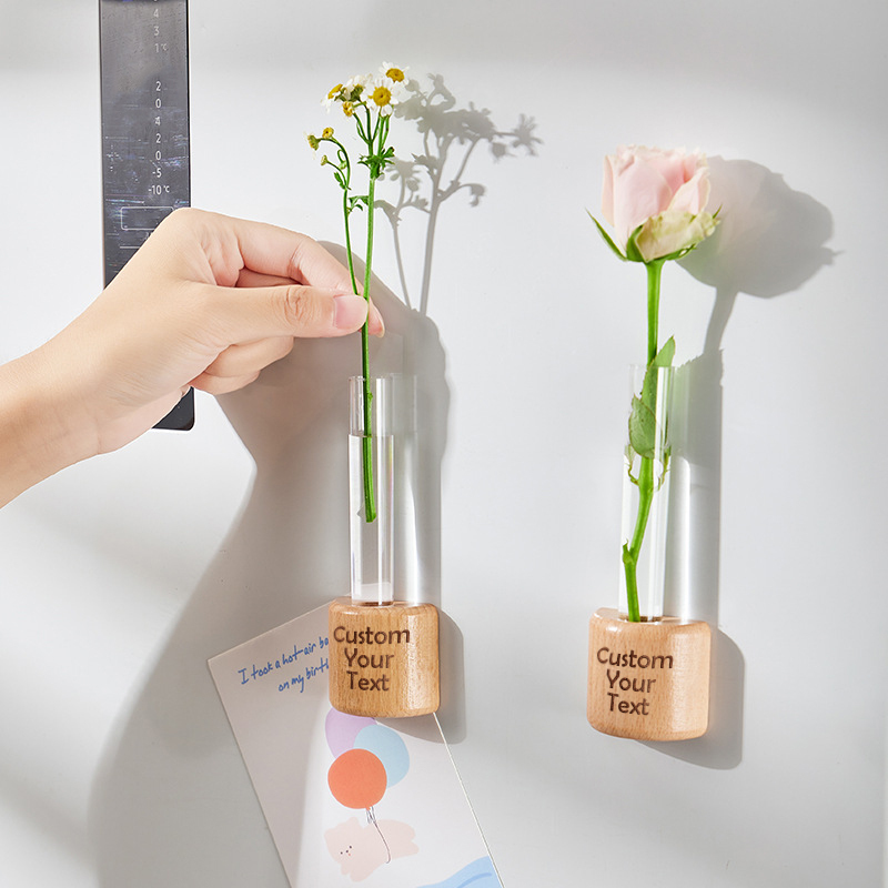 Customized Wood-Colored Refrigerator Magnets Personalized Magnetic Test Tube Vase Flower Holder Creative Decorative Wall-Mounted Hydroponic Vase