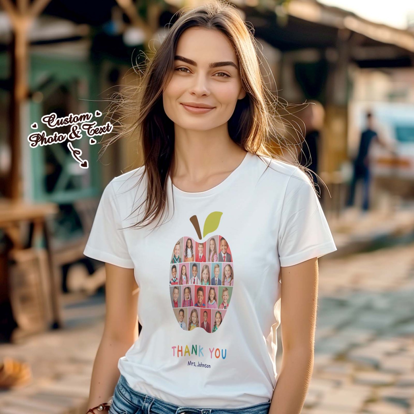 Custom Photo Apple T-Shirt Personalized Teacher Appreciation Gift Customized Teacher Appreciation T-Shirt with Student Photos