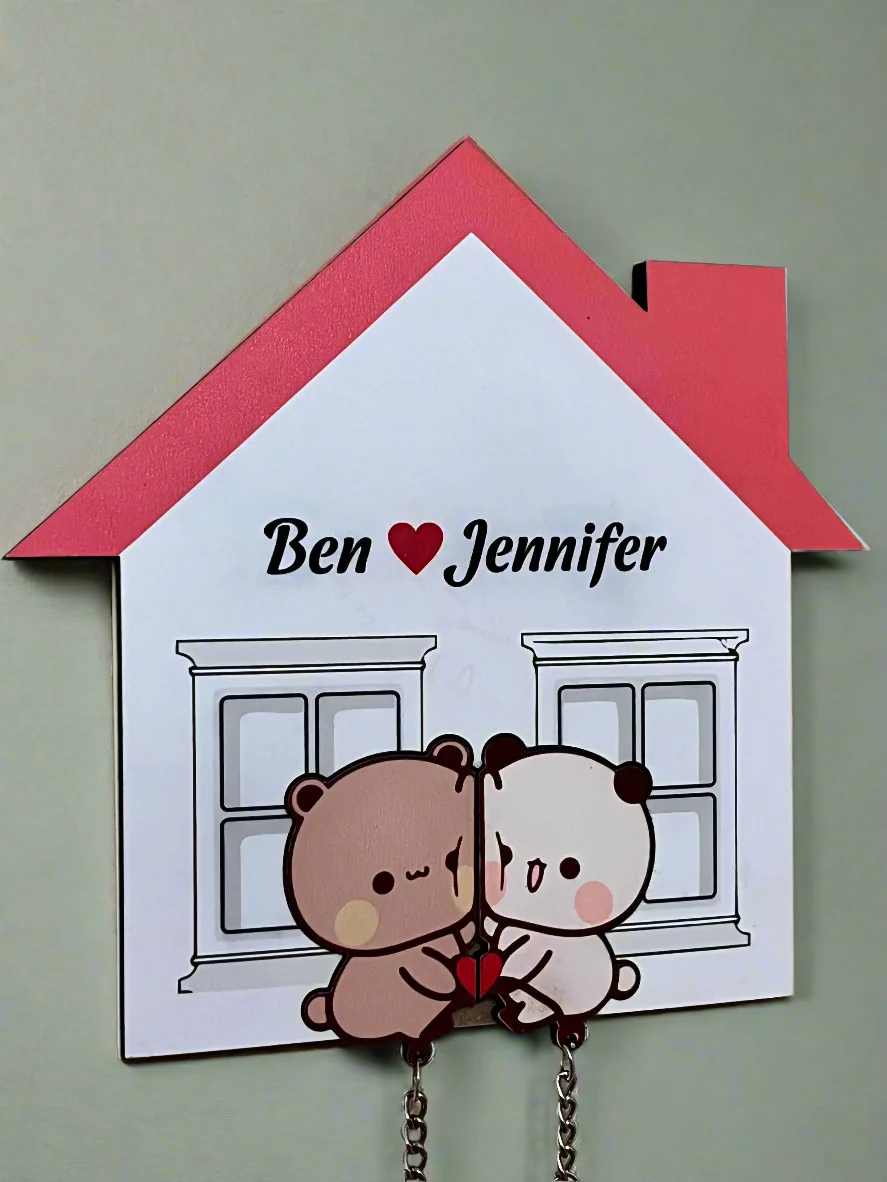 Custom Sweet Wood Bear Couple Key Holder Personalized Bear Couple Key Organizer Cozy Home Entryway Organizer