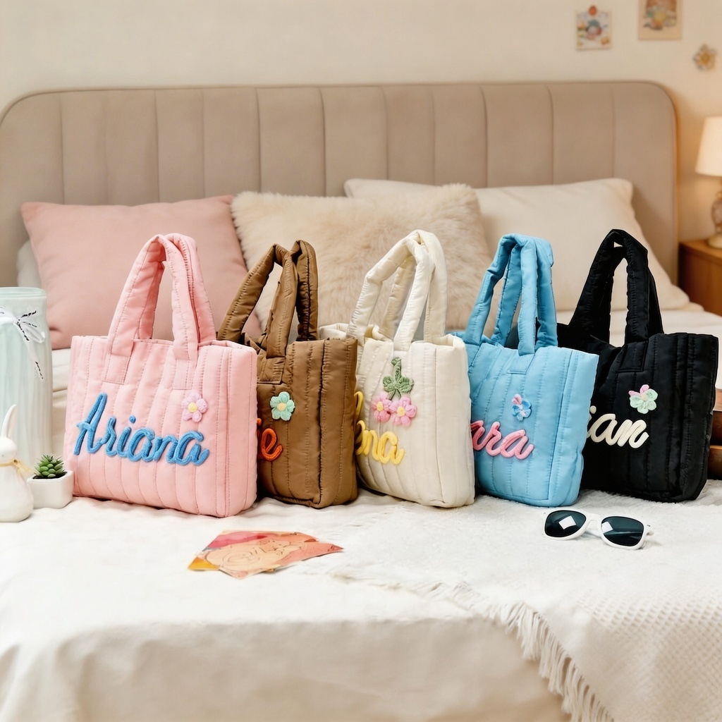 Personalized Name Quilted Nylon Tote Bag Custom Embroidered School Bag with Floral Details Colorful Puffer Tote with Custom 3D Name Embroidery - namenecklace