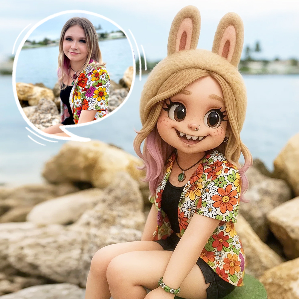 Cute Bunny Girl 3D Cartoon Figure with Colorful Floral Summer Outfit - namenecklace