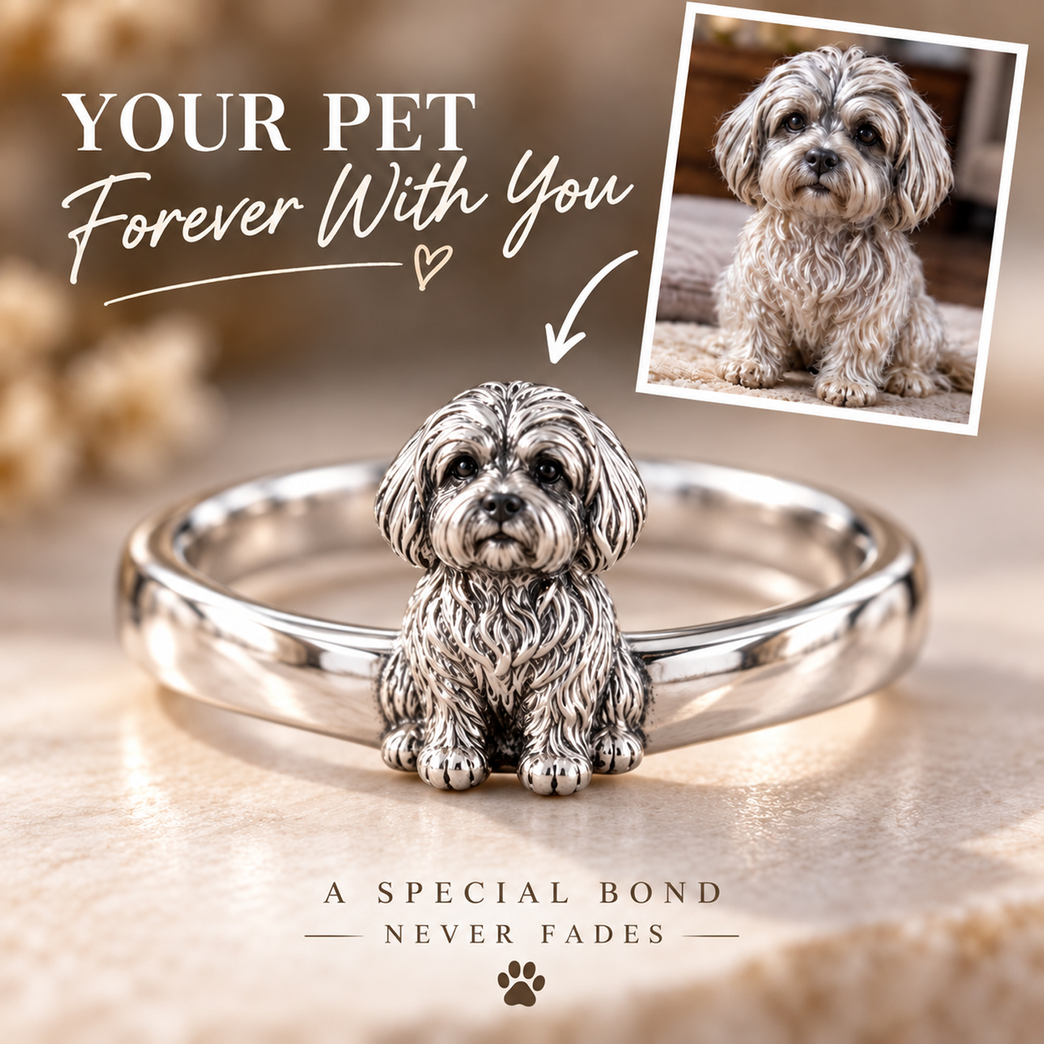 Personalized S925 Sterling Silver 3D Pet Ring, Custom Photo to 3D Sculpted Dog & Cat Animal Ring, Plain Band Unique Pet Mom Keepsake Jewelry