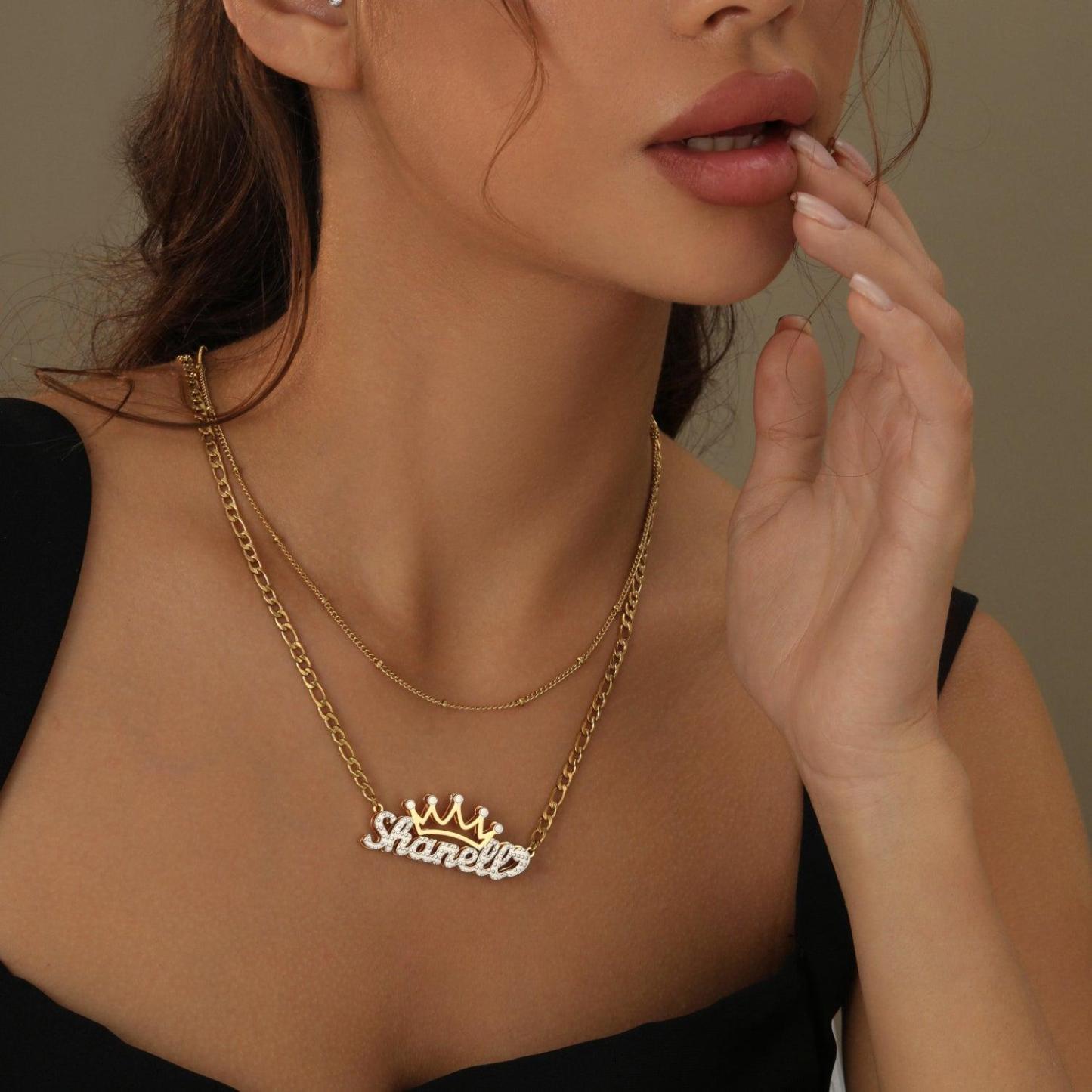 Custom Crown Name Necklace Personalized Crown Nameplate Double Plated Crown Name Necklace