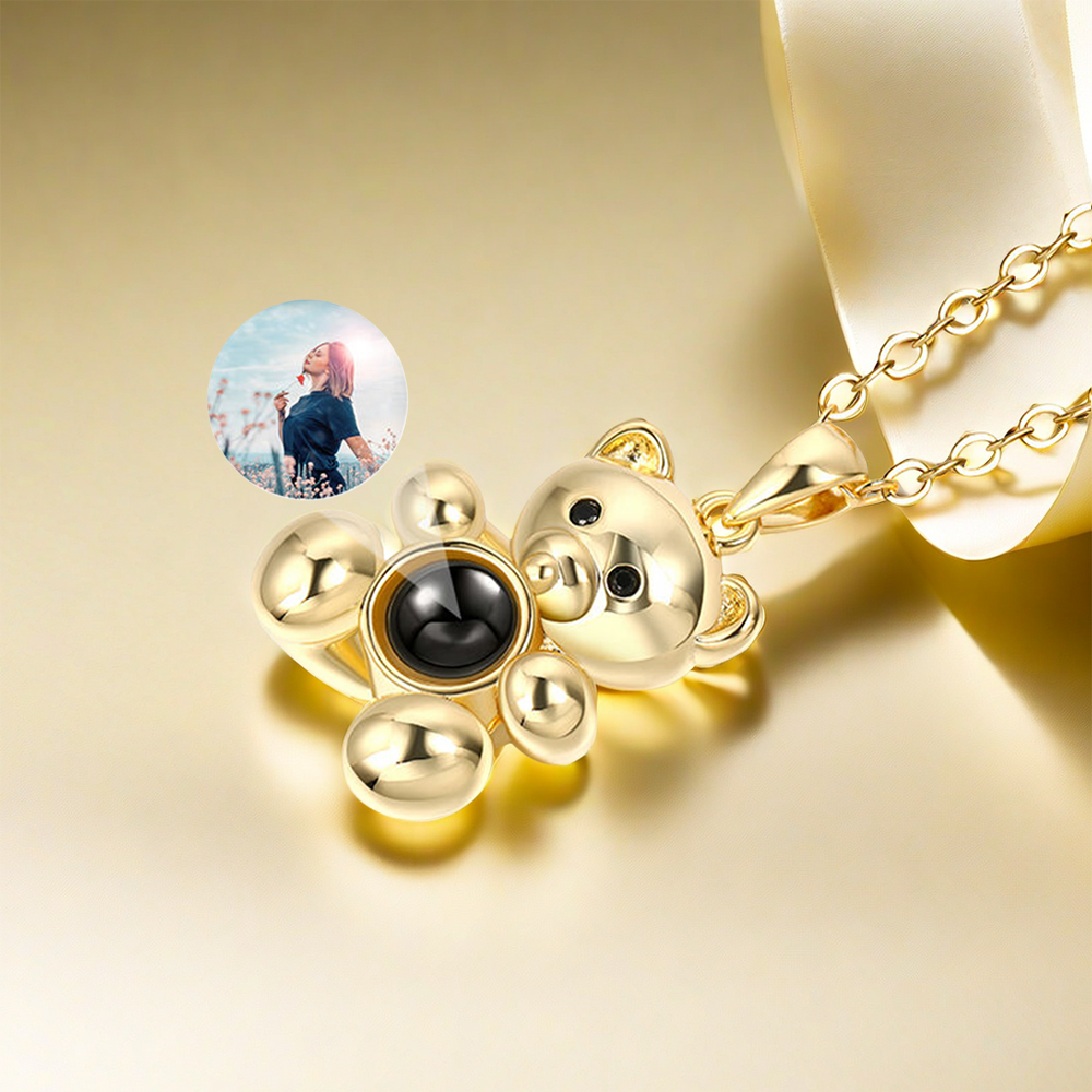 "Fall in Love" Teddy Bear Personalized Photo Projection Sterling Silver Necklace