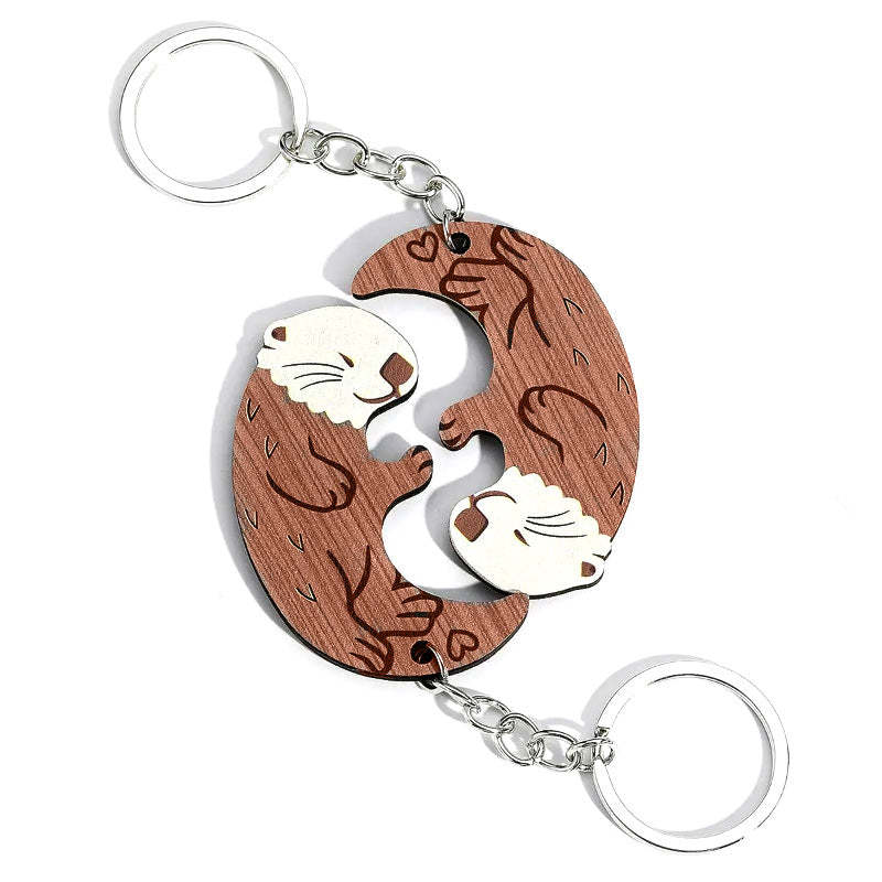 Custom Letter Cute Otter Puzzle Keychain & Couple Matching Animal Keyring Gift
