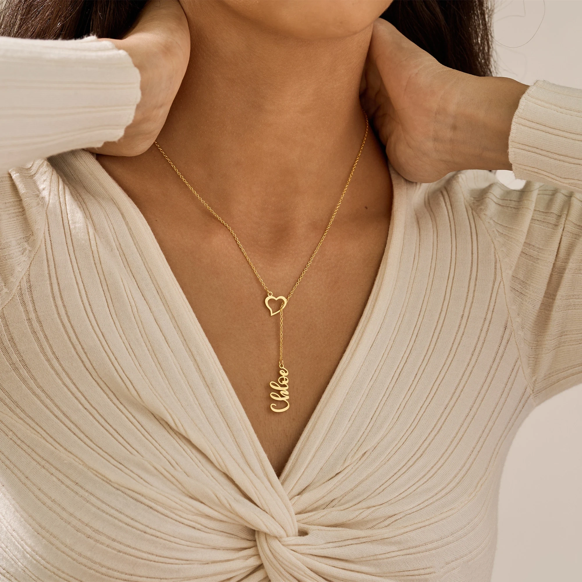 Custom Heart Name Lariat Necklace for Women Personalized Y Necklace with Name and Heart Charm Valentine's Day Gift