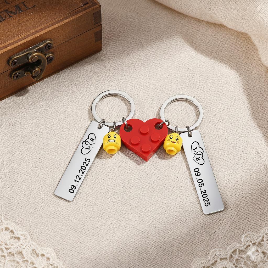 Personalized Building Block Heart KeychainCustom Engraved Couple Keychain Set Stamped Heart Puzzle Keychain Valentine's Day Gifts