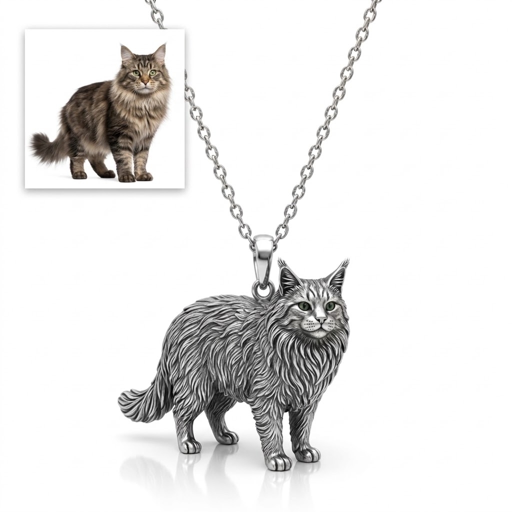 Personalized S925 Sterling Silver 3D Pet Pendant Necklace, Custom Photo to 3D Sculpted Dog & Cat Jewelry, Maine Coon Memorial Gift for Pet Mom