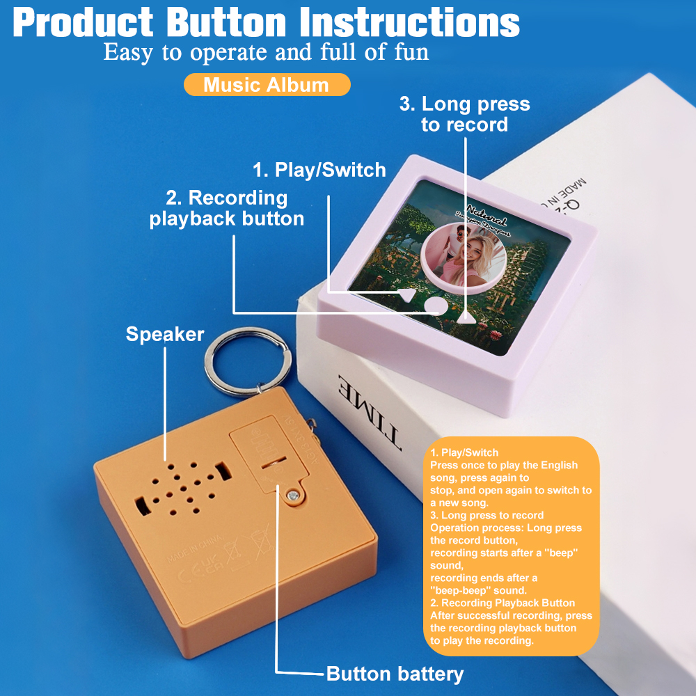 Personalized Photo Music Album Keychain Voice Recorder Custom Song Keychain with Picture and Album Art Mini Record Player Keychain