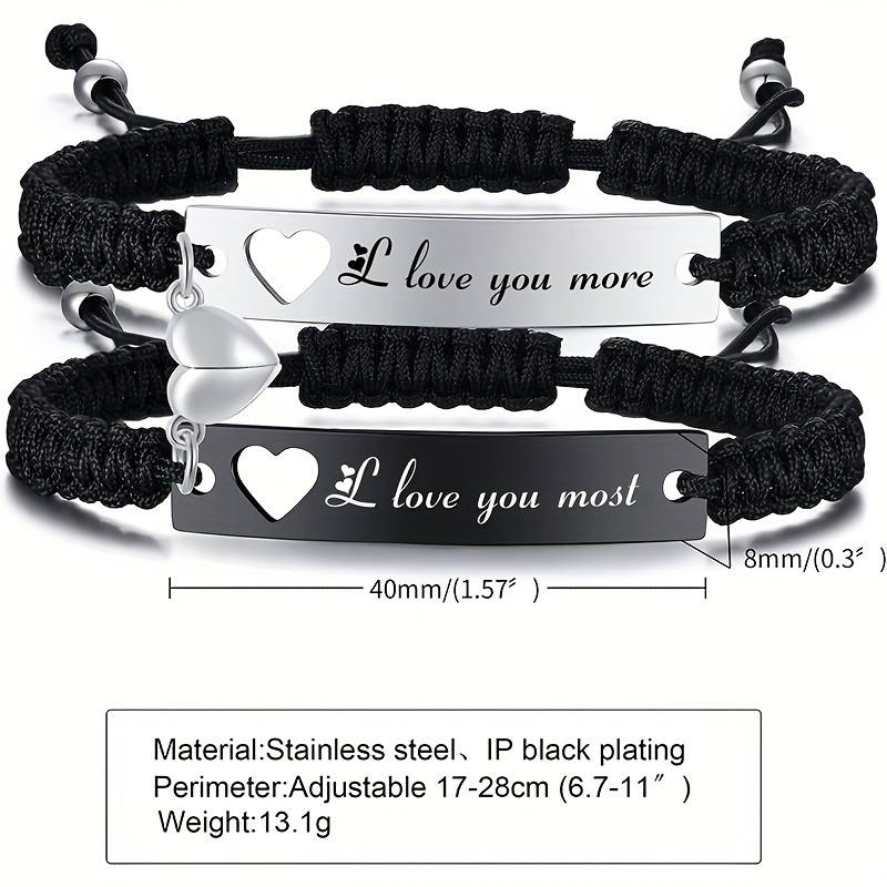 Personalized Matching Braided Bracelets with Magnetic Heart Charms Custom Text Magnetic Heart Bracelets for Couples Valentine's Day Gifts