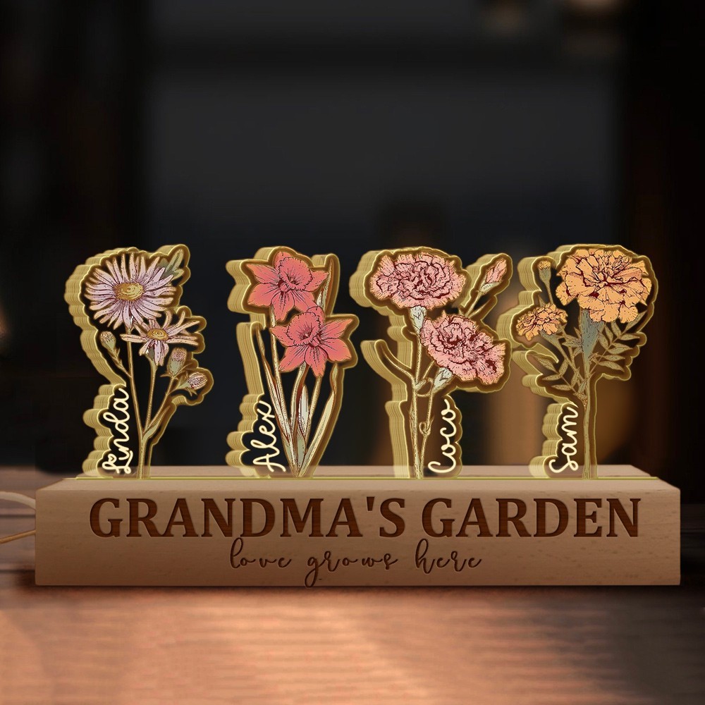 Custom Grandma's Garden Love Grows Here Birth Flower Wood Night Light Unique Gifts for Mum Grandma