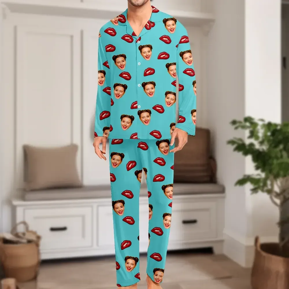 Custom Face Long Sleeve Pajamas Custom Red Lips Photo Pajamas