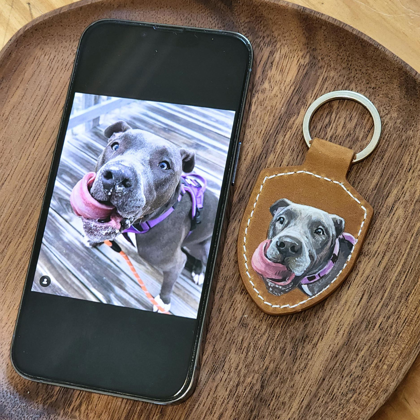Hand Painted Leather Pet Portrait Keychain Custom Dog Cat Painting Leather Keyring Personalized Pet Memorial Key Fob
