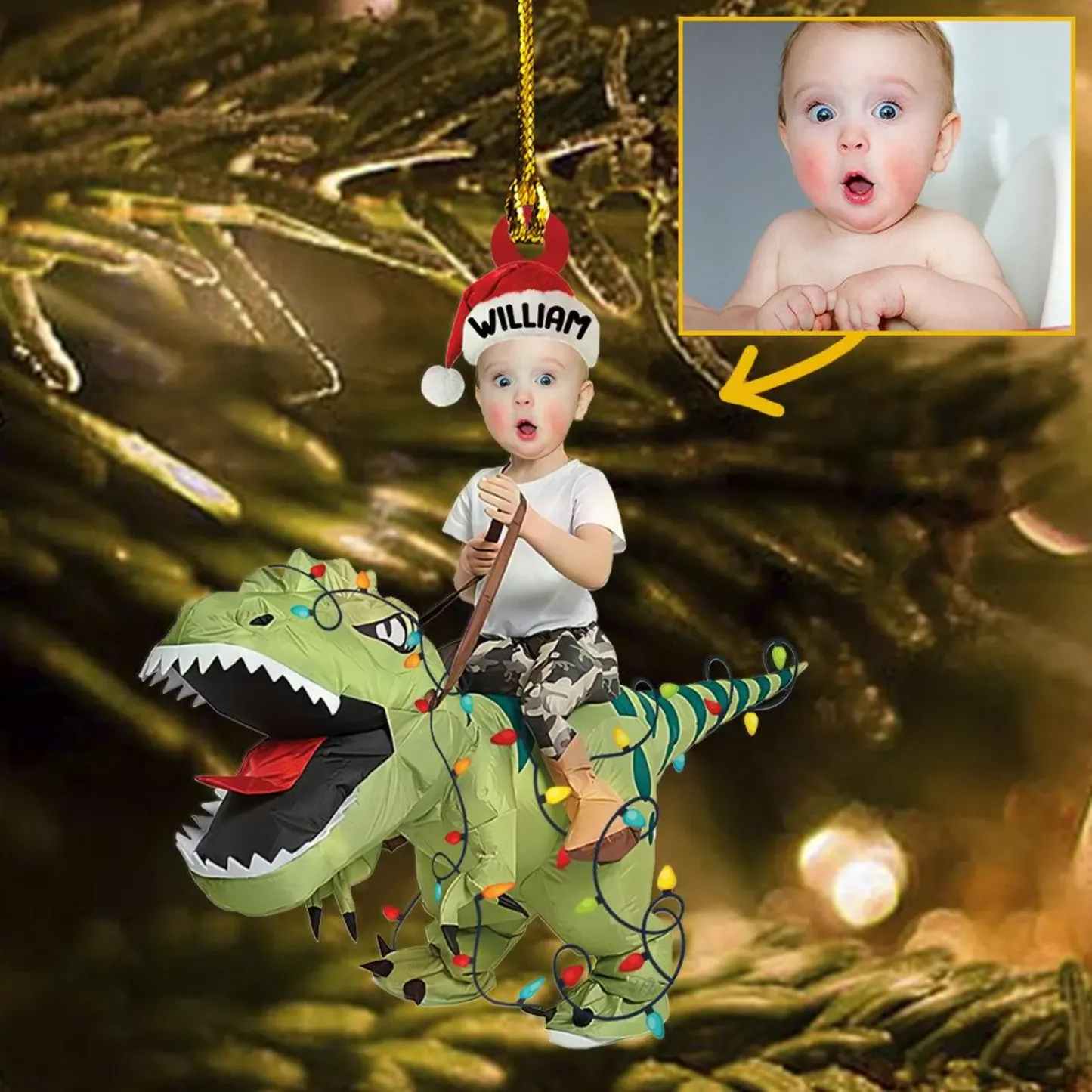 Custom Cute Kid Rides The Dinosaur Kid Photo Flat Ornaments, Christmas Gift Personalized Photo Ornament  Funny Ornament Holiday Decors