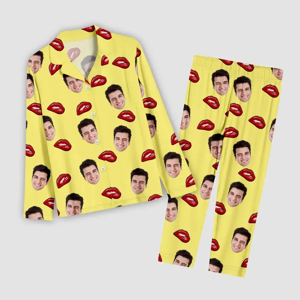 Custom Face Long Sleeve Pajamas Custom Red Lips Photo Pajamas