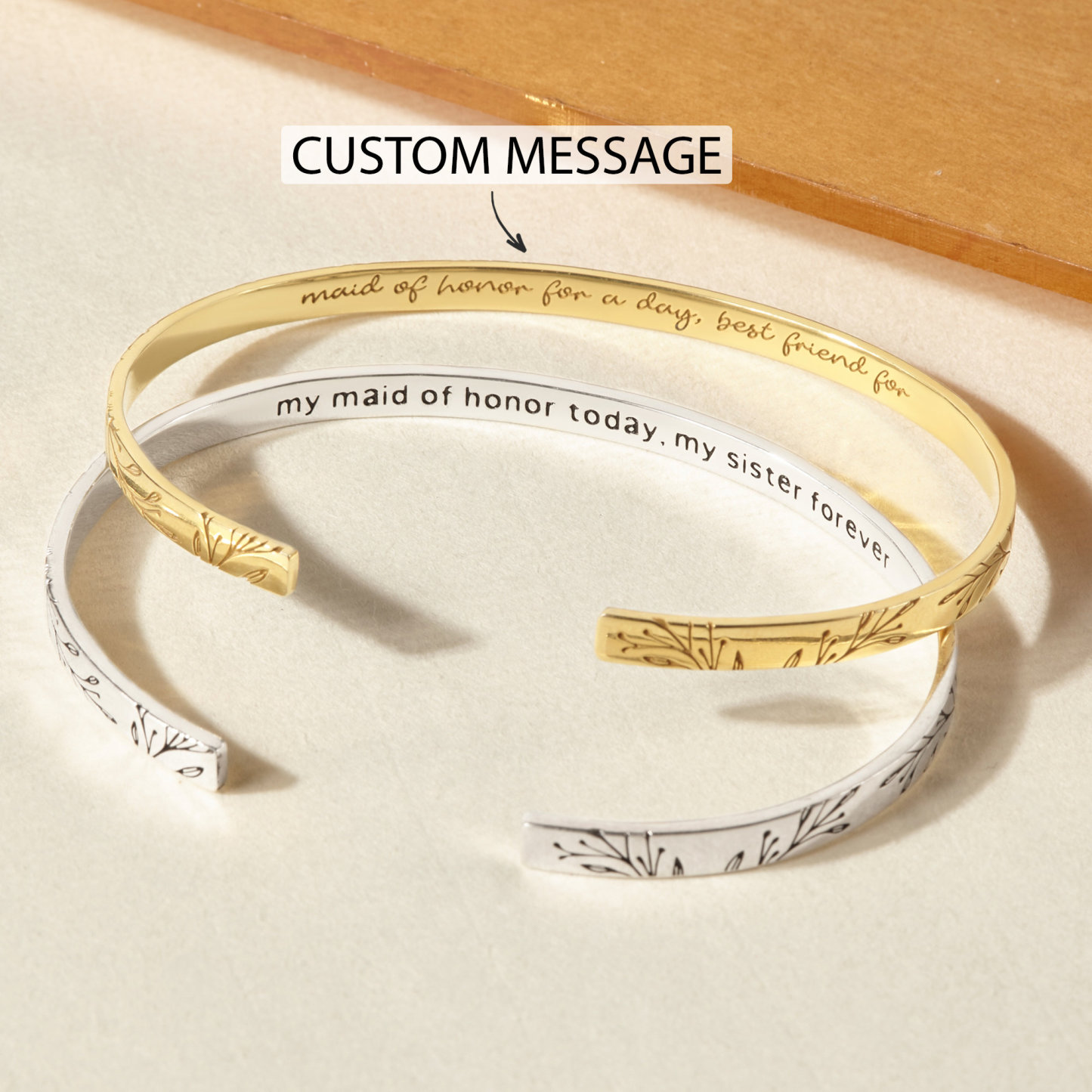Personalized Engraved Bangle Custom Hidden Message Cuff Custom Botanical Branch Pattern Bangle Custom Inside Engraving Bracelet First Mother's Day Gift for Wife